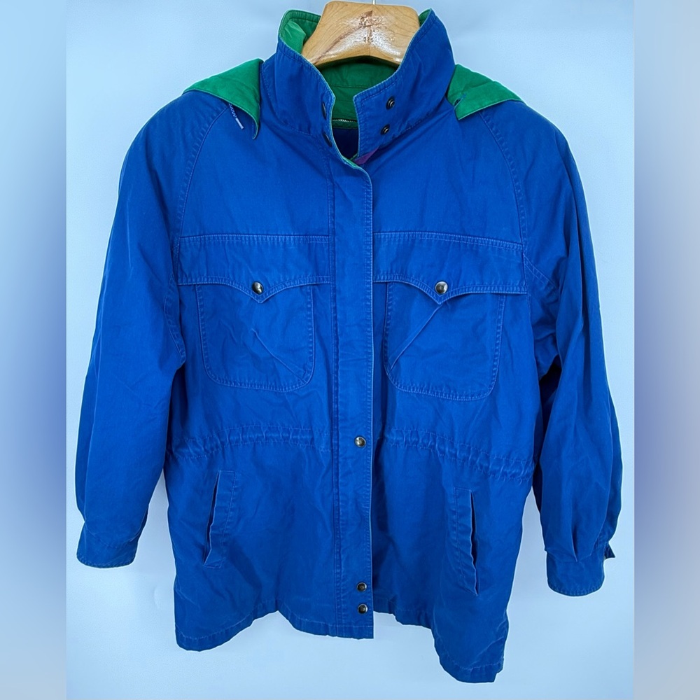 VTG 80s London Fog Parka Jacket Size 14 Green Lined Hood Retro Blue Liner